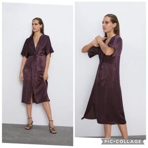 Zara Brown Satin Sheen Cocktail Midi Dress, Size Small